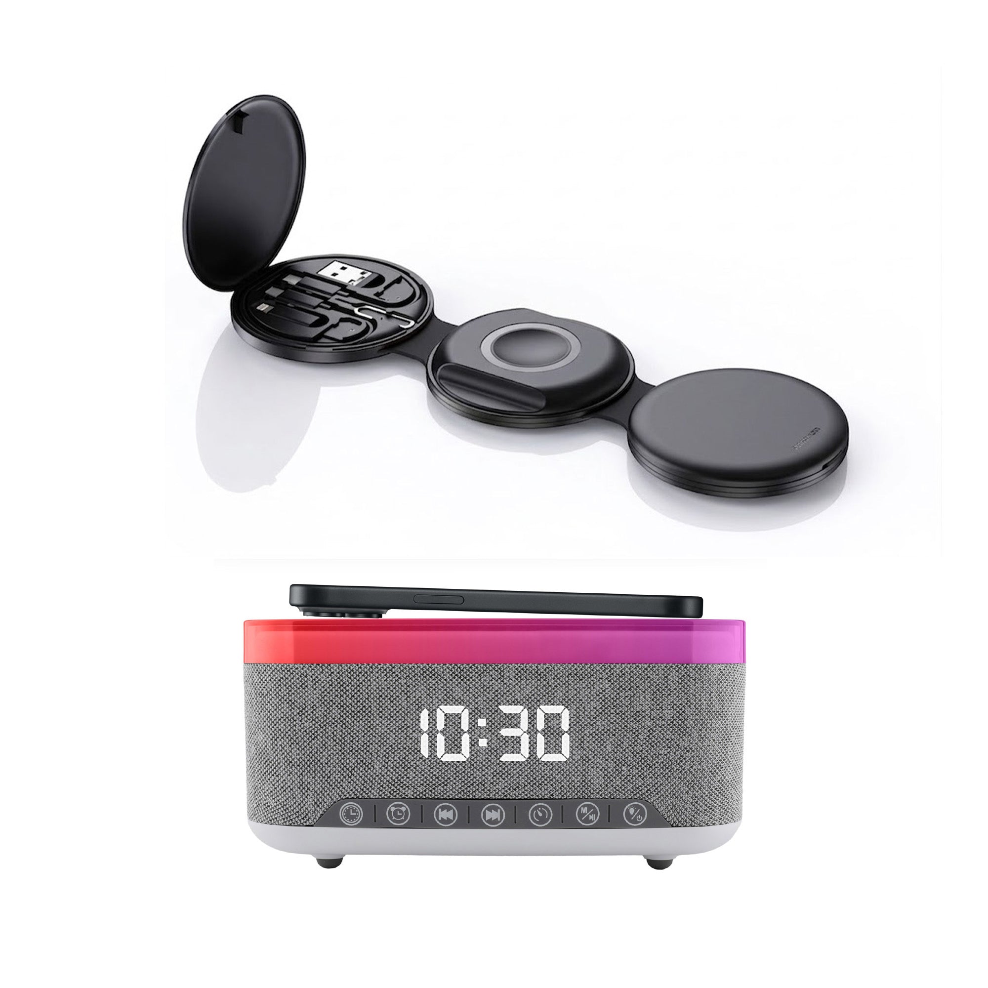 Ultimate 5-in-1 Tech Bundle: Folding Wireless Charger & Multi-Function Bedside Alarm Clock